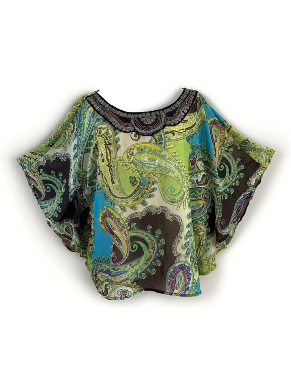 John Paul Richard Angel Wing Blouse Cape Size XL Beaded Colorful Sheer Boho